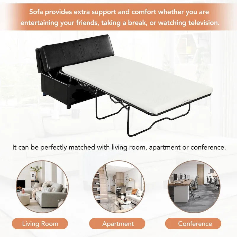 Divano letto pieghevole estraibile a forma di pouf singolo con materasso, letto per gli ospiti convertibile, divano letto rivestito in PU