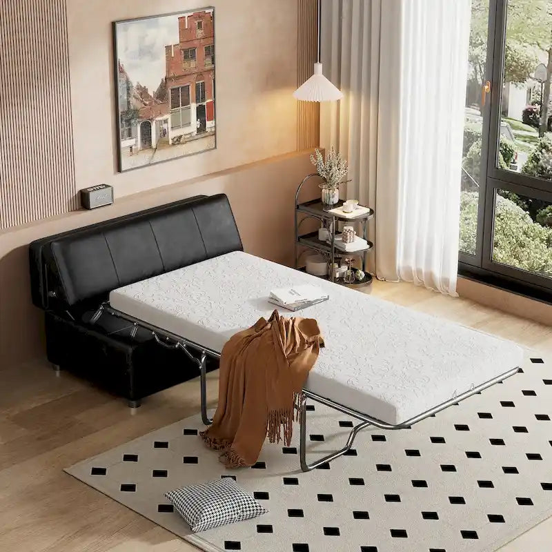 Divano letto pieghevole estraibile a forma di pouf singolo con materasso, letto per gli ospiti convertibile, divano letto rivestito in PU
