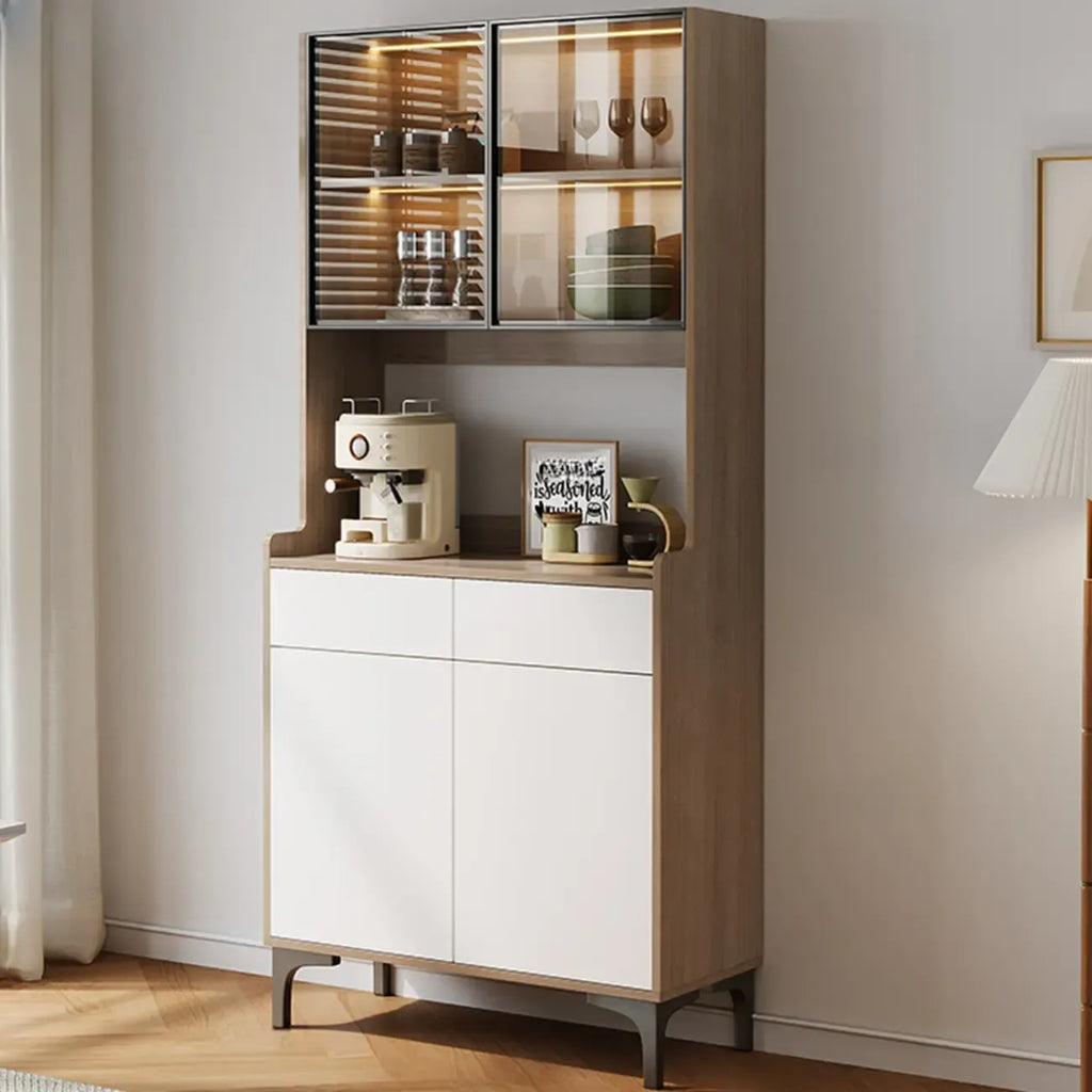 Large Wood Glass Doors Cabinet Sideboard with Hutch Top