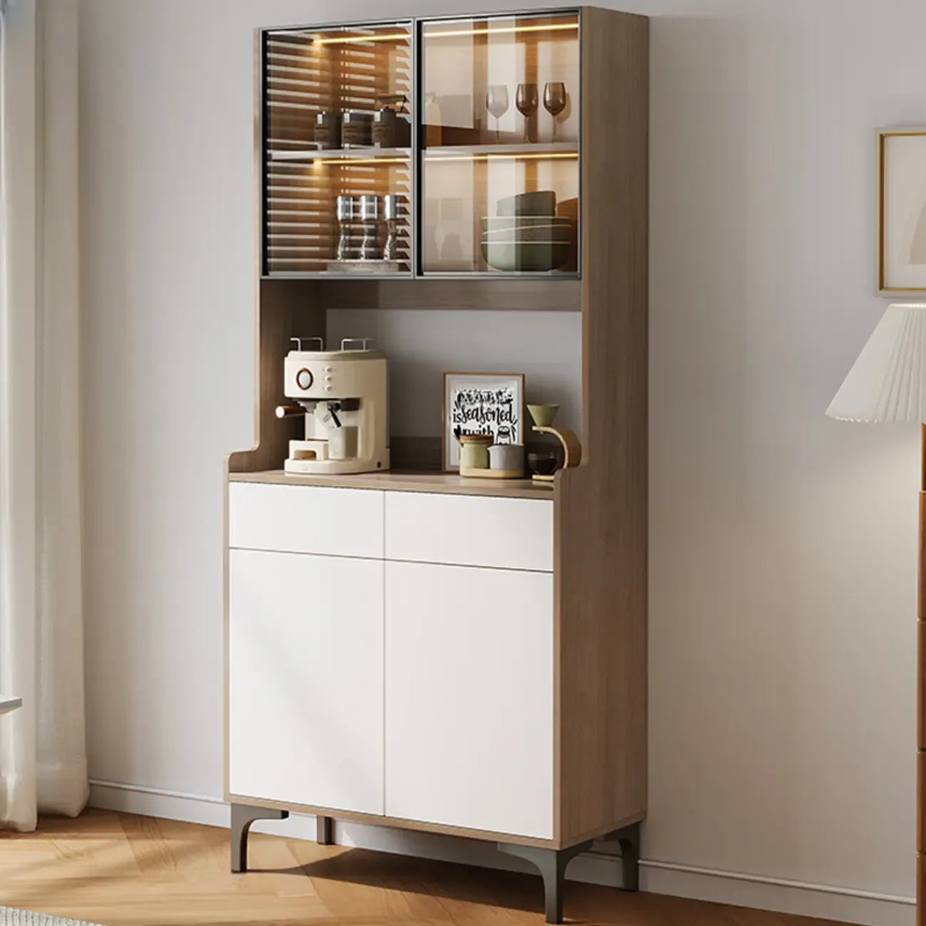 Large Wood Glass Doors Cabinet Sideboard with Hutch Top