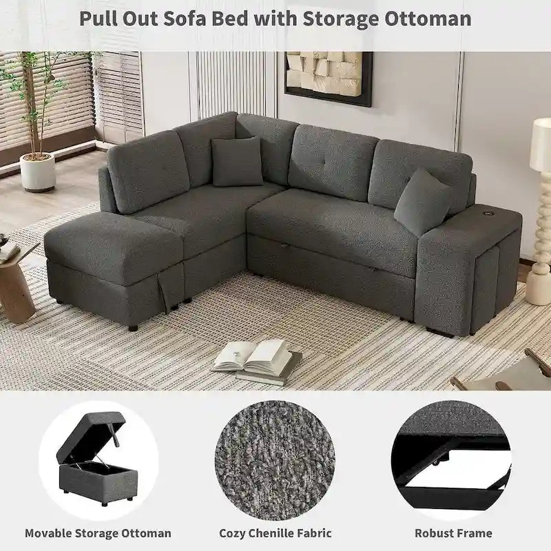 Divano componibile con letto estraibile e pouf contenitore, divano letto convertibile per soggiorno