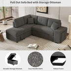 Divano componibile con letto estraibile e pouf contenitore, divano letto convertibile per soggiorno
