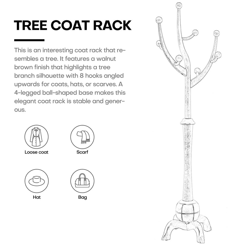 Appendiabiti da terra "ramo d'albero" in legno di gomma con 8 ganci - 24,5L x 70,87H