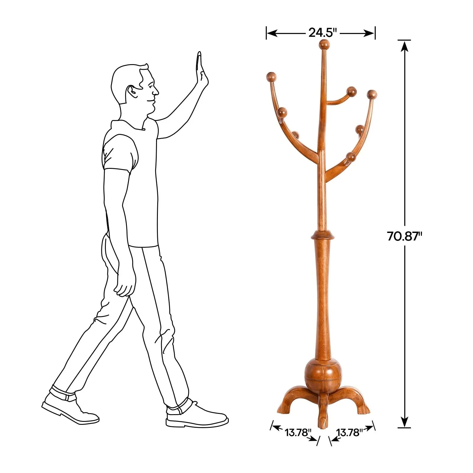 Appendiabiti da terra "ramo d'albero" in legno di gomma con 8 ganci - 24,5L x 70,87H