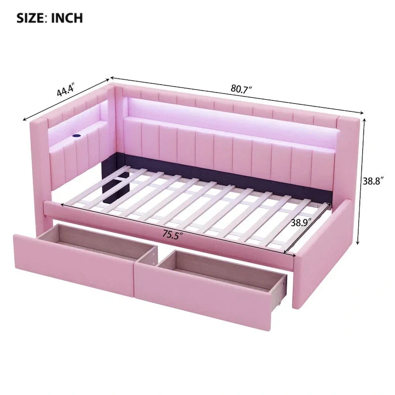 Letto imbottito a piattaforma con porte USB e illuminazione a LED - Struttura letto matrimoniale/singola con 2 cassetti portaoggetti - Camera da letto moderna