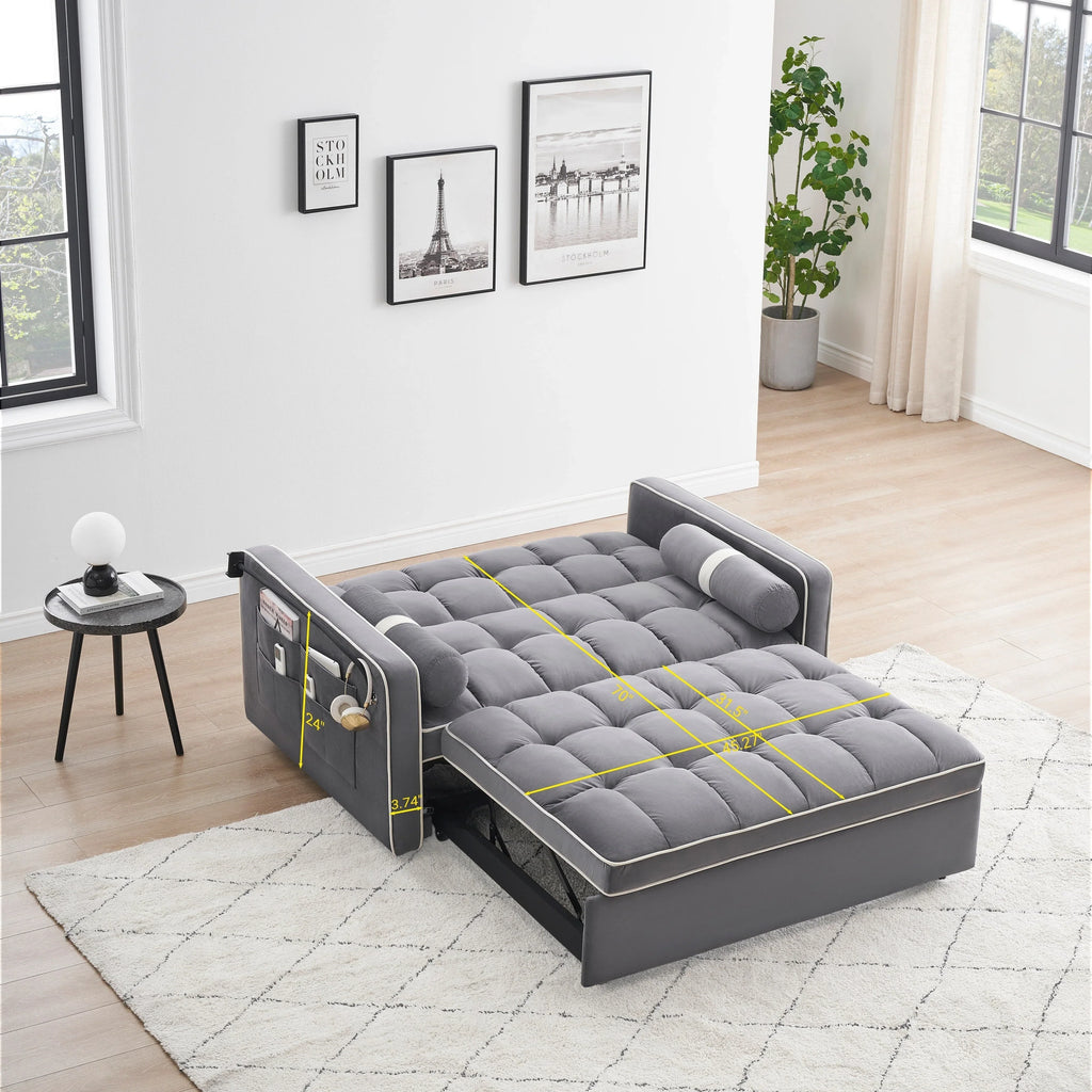 Divano letto trasformabile a 2 posti in velluto da 140 cm con letto estraibile, reclinabile, tasche laterali e supporto per telefono