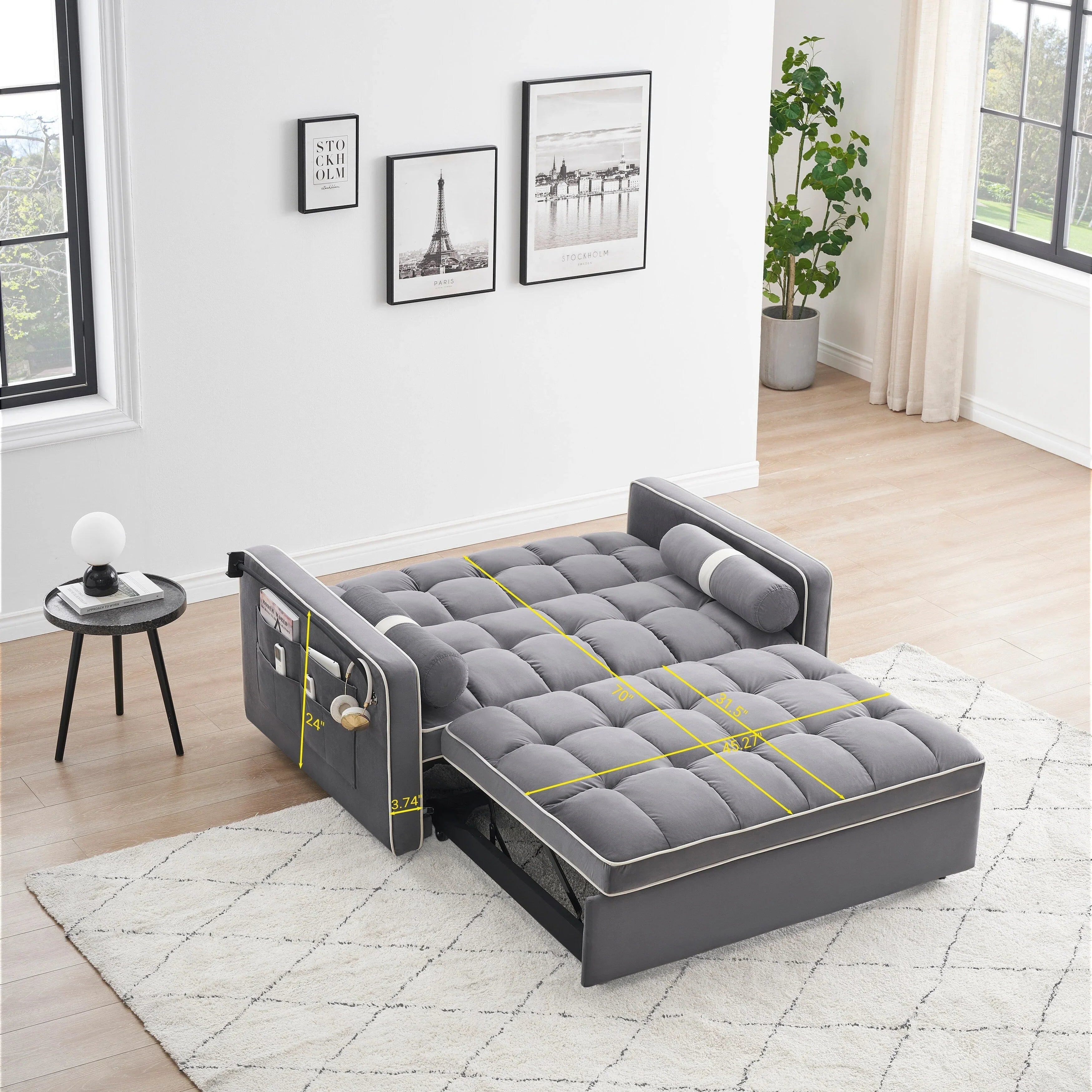 Divano letto trasformabile a 2 posti in velluto da 140 cm con letto estraibile, reclinabile, tasche laterali e supporto per telefono