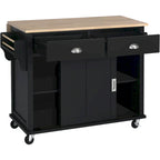 Kitchen Cart with Rubber wood Drop-Leaf Countertop, Concealed sliding barn door adjustable height,Kitchen Island on 4 Wheels