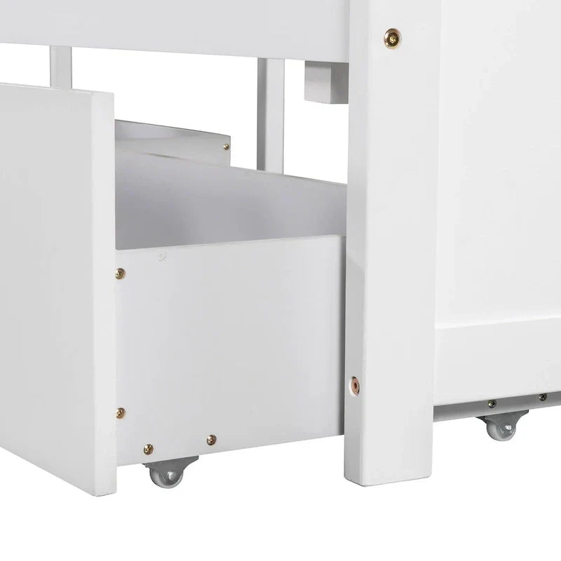 Letto a piattaforma a L moderno bianco per cameretta, dimensioni singole, con letto estraibile e cassetti