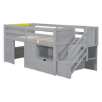 LETTO SINGOLO, LETTO A CASTELLO BASSO SINGOLO IN LEGNO MASSELLO CON SCALA, CASSETTO E SCAFFALE DI COLORE GRIGIO