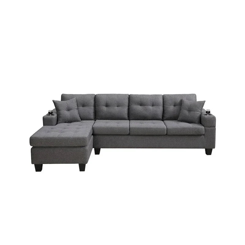 Divano componibile da soggiorno con chaise longue a L e portabicchieri