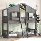 Letto a castello a casetta singolo su singolo con tetto, finestra, fioriera, porta, con sponde di sicurezza e scaletta, Grigio
