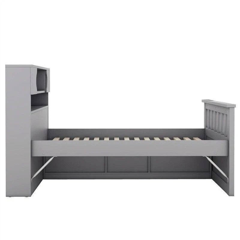 Letto a piattaforma Twin/Full Size Captain con 4 cassetti e mensole portaoggetti, struttura letto in legno massello con testiera libreria contenitore