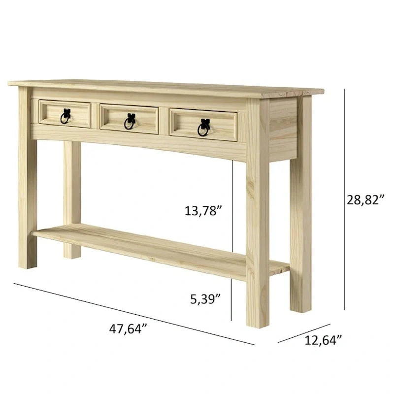 Tavolo Consolle Rustico in Pino Massiccio per Ingresso, Bianco Decapato / Marrone Antico / Grigio Decapato / Non Verniciato, 3 Cassetti