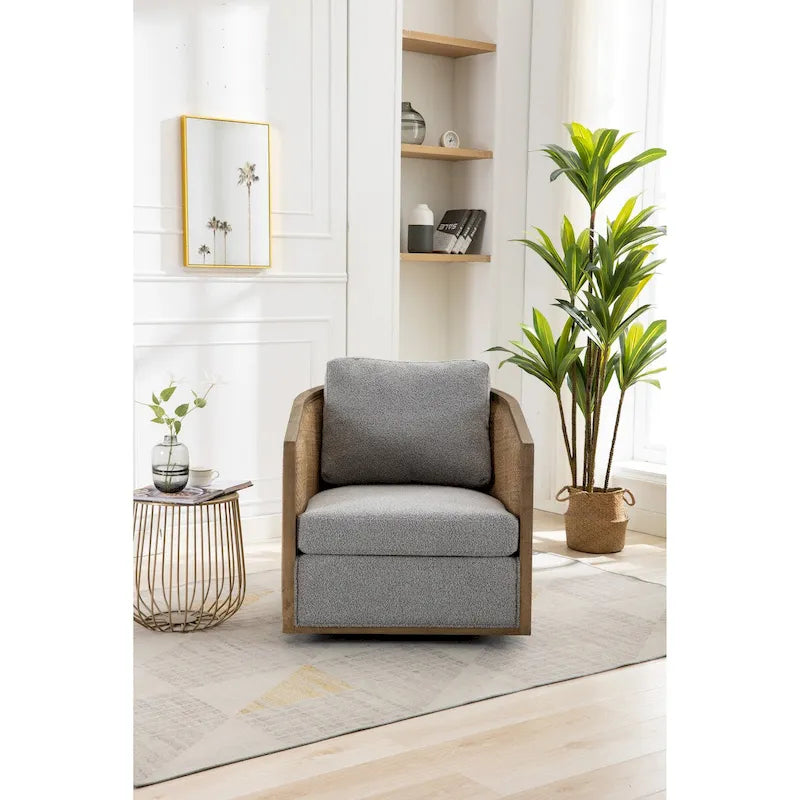 Poltrona a botte girevole, comoda poltrona rotonda d'accento, poltrona club a botte girevole a 360 gradi, poltrona relax con struttura in rattan intrecciato