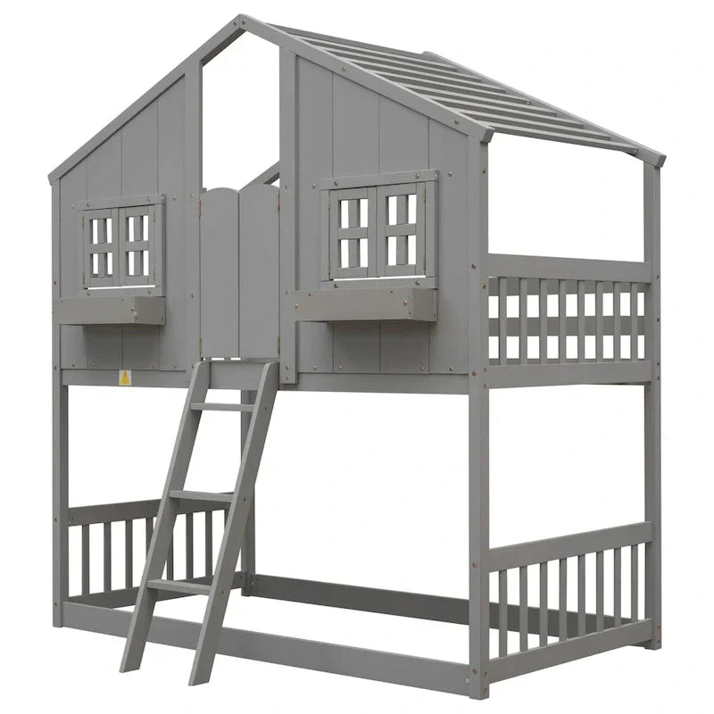 Letto a castello a casetta singolo su singolo con tetto, finestra, fioriera, porta, con sponde di sicurezza e scaletta, Grigio