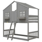 Letto a castello a casetta singolo su singolo con tetto, finestra, fioriera, porta, con sponde di sicurezza e scaletta, Grigio