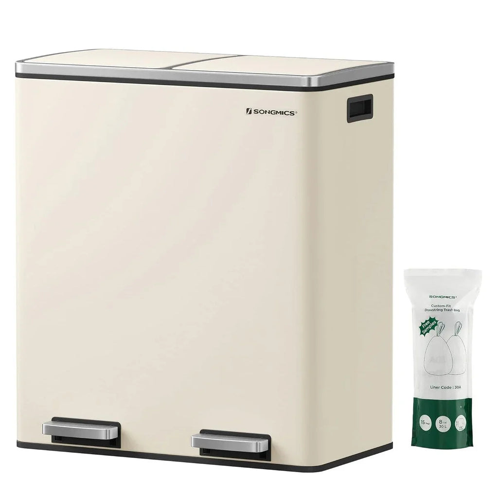 SONGMICS Pattumiera Doppia, 60L (16 Gallon) Contenitore per la Spazzatura in Acciaio Inossidabile, Mandorla