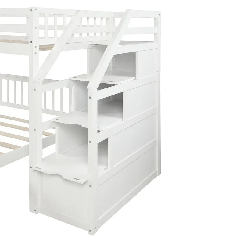 Letto a soppalco in legno per due persone con scale, sponde alte e scaletta