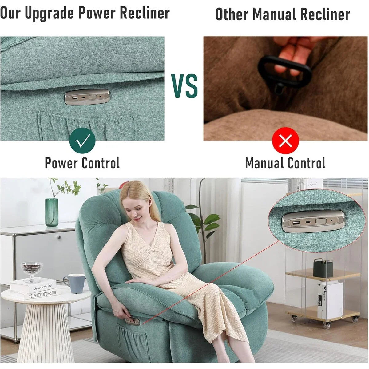 Poltrona reclinabile girevole XINMICS, poltrona a dondolo reclinabile con massaggio e riscaldamento, USB, USB-C e tasca laterale