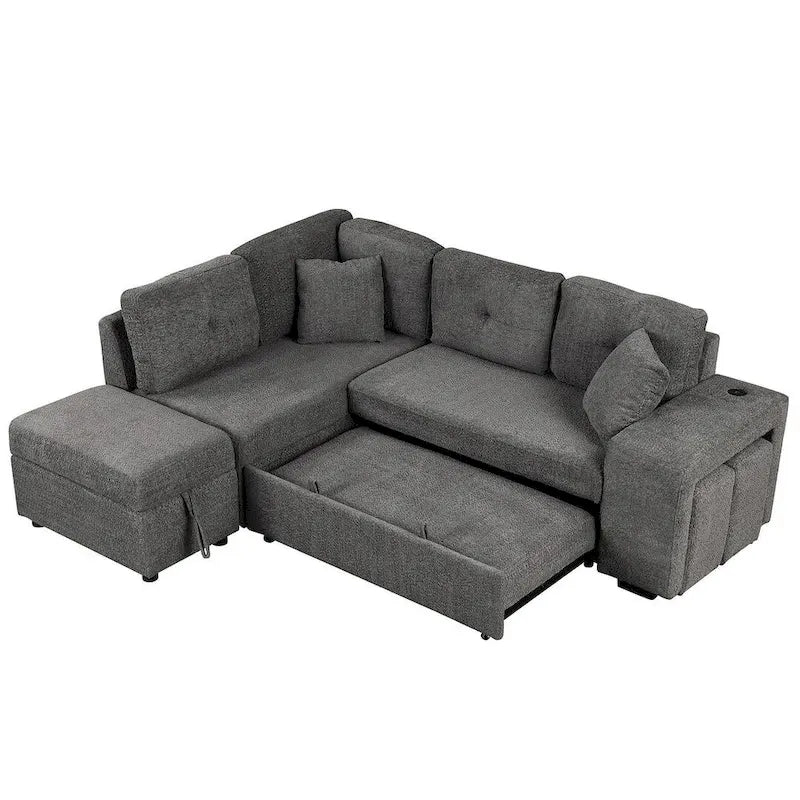 Divano componibile con letto estraibile e pouf contenitore, divano letto convertibile per soggiorno