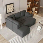 Divano componibile con letto estraibile e pouf contenitore, divano letto convertibile per soggiorno