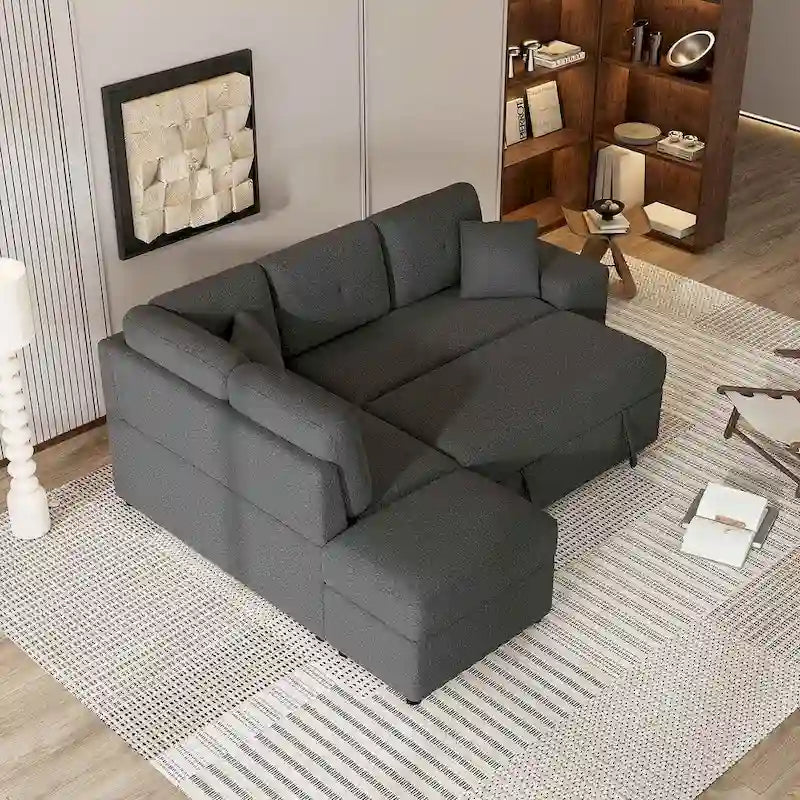 Divano componibile con letto estraibile e pouf contenitore, divano letto convertibile per soggiorno