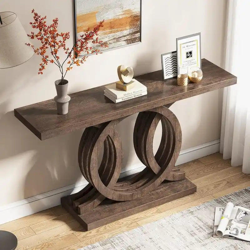 Consolle Vintage con Base Geometrica Tavolo da Ingresso in Legno