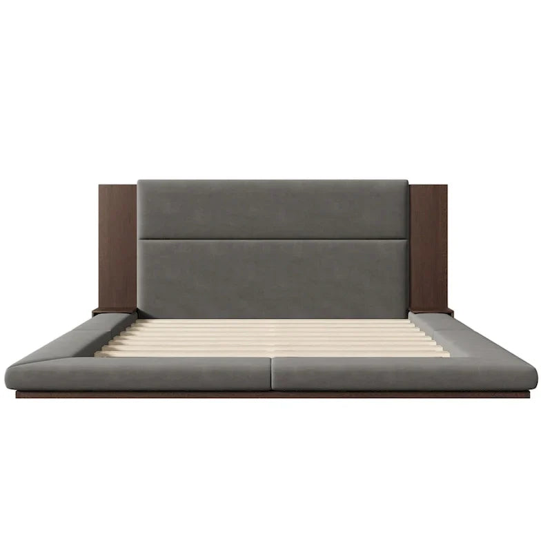 King Gray Floor Upholstered Bed Low Profile Platform Bed w/ Extended Wood Headboard, Built-in Nightstand Shelves