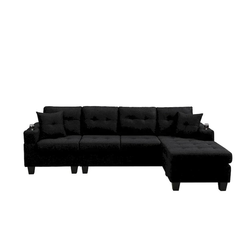 Divano componibile da soggiorno con chaise longue a L e portabicchieri