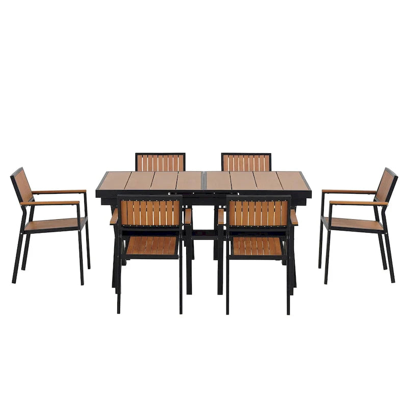 Set da pranzo all'aperto di 7 pezzi con tavolo allungabile e 6 sedie con braccioli