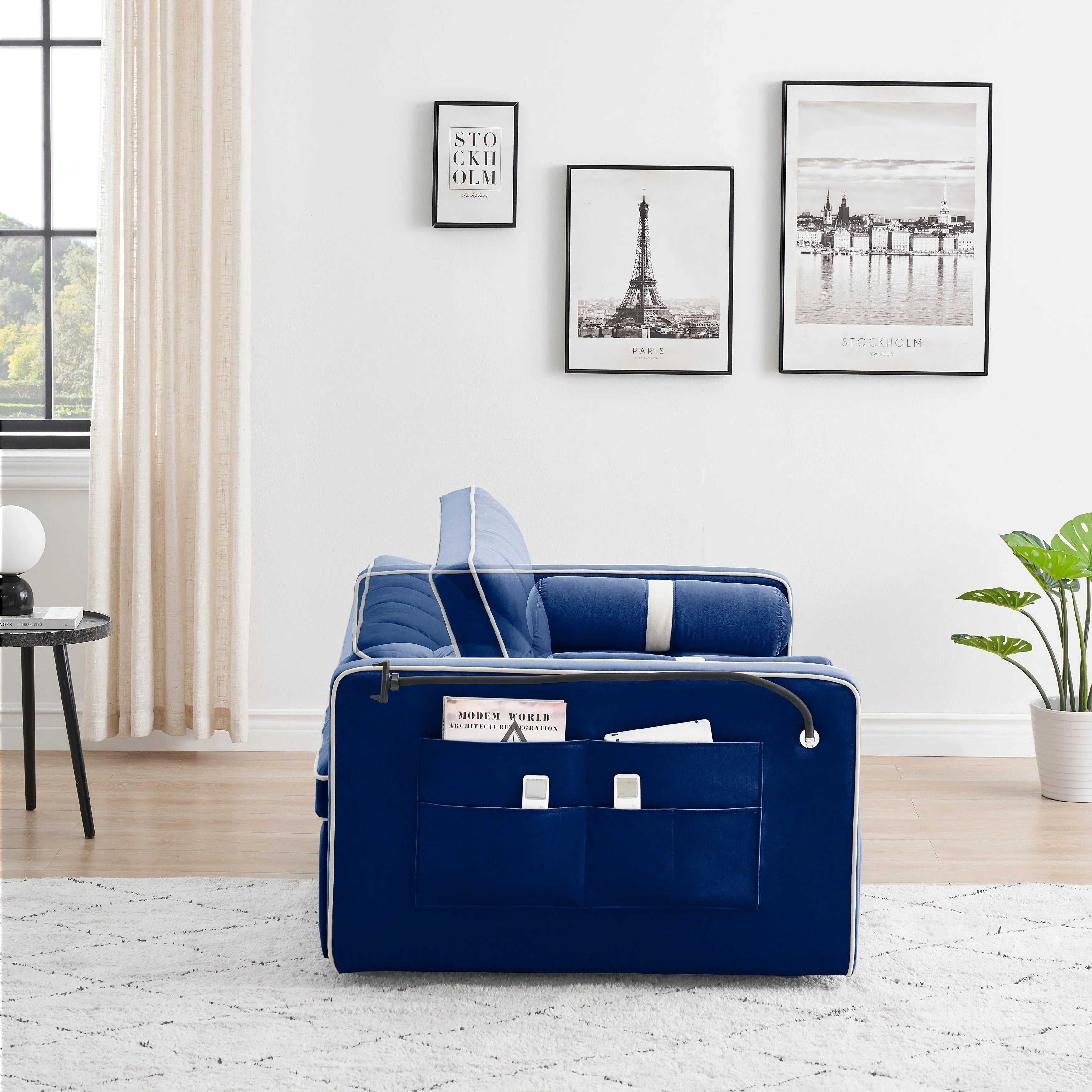 Divano letto trasformabile a 2 posti in velluto da 140 cm con letto estraibile, reclinabile, tasche laterali e supporto per telefono