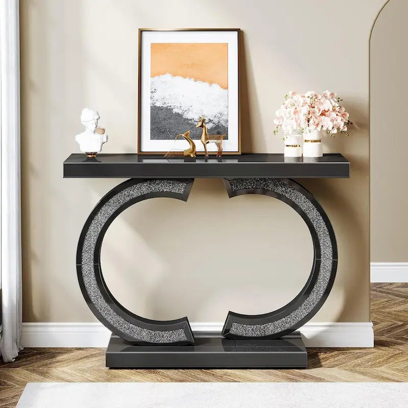 Console da Tavolo Argentata, Tavolino d'Ingresso con Specchio da 99 cm per Ingresso