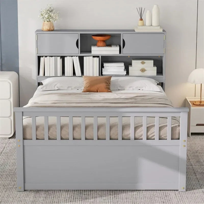 Letto a piattaforma Twin/Full Size Captain con 4 cassetti e mensole portaoggetti, struttura letto in legno massello con testiera libreria contenitore