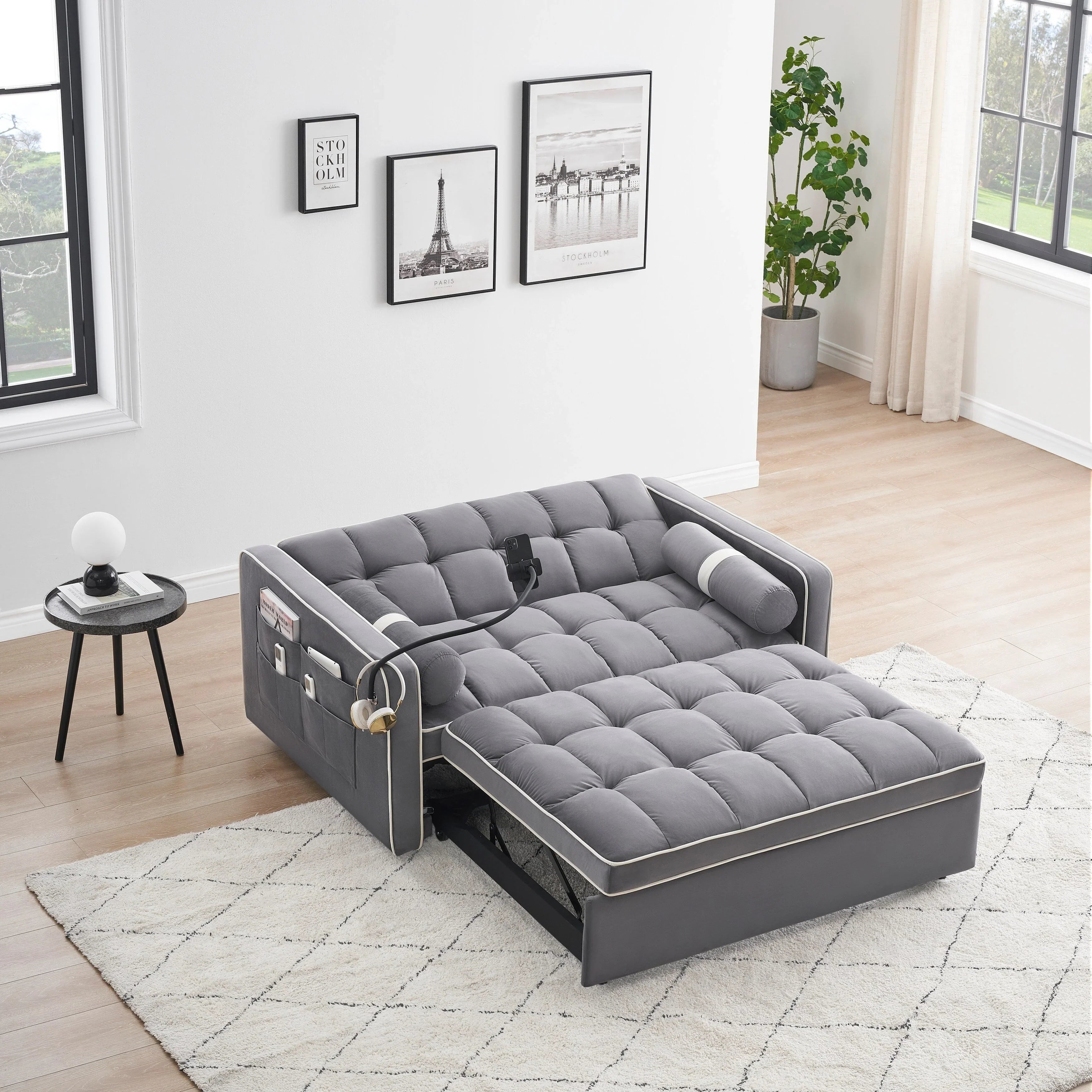 Divano letto trasformabile a 2 posti in velluto da 140 cm con letto estraibile, reclinabile, tasche laterali e supporto per telefono