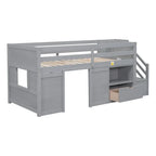 LETTO SINGOLO, LETTO A CASTELLO BASSO SINGOLO IN LEGNO MASSELLO CON SCALA, CASSETTO E SCAFFALE DI COLORE GRIGIO