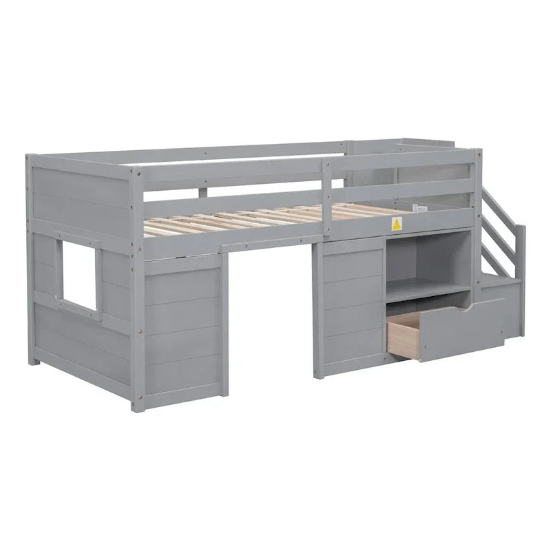 LETTO SINGOLO, LETTO A CASTELLO BASSO SINGOLO IN LEGNO MASSELLO CON SCALA, CASSETTO E SCAFFALE DI COLORE GRIGIO