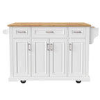 Large Kitchen Island with Wood Drop Leaf, Embossed Texture Rolling Kitchen Cart wDoors and Drawers wStorage for Kitchen, White
