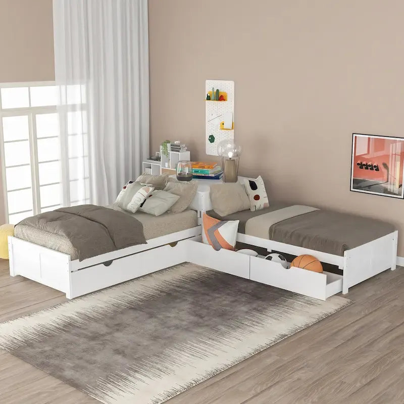 Letto a piattaforma a L moderno bianco per cameretta, dimensioni singole, con letto estraibile e cassetti