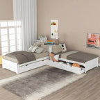 Letto a piattaforma a L moderno bianco per cameretta, dimensioni singole, con letto estraibile e cassetti