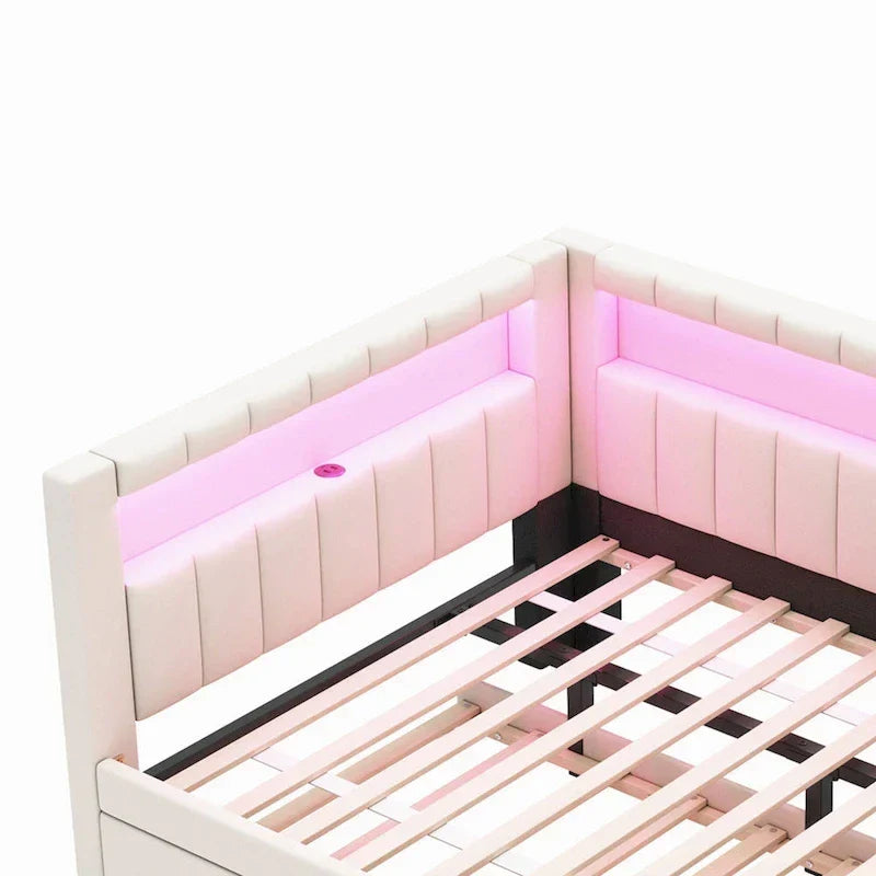 Letto imbottito a piattaforma con porte USB e illuminazione a LED - Struttura letto matrimoniale/singola con 2 cassetti portaoggetti - Camera da letto moderna