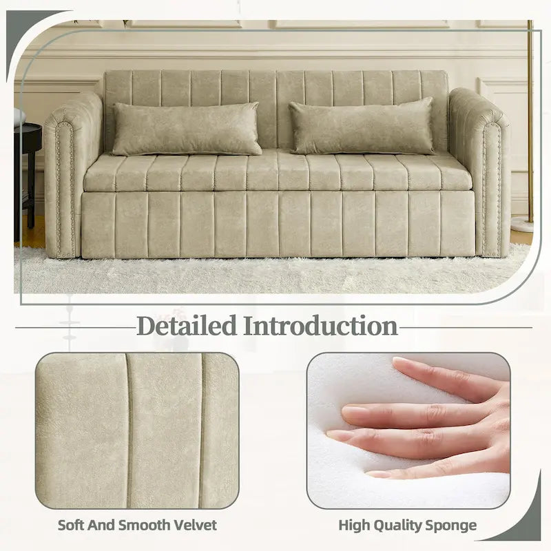 Divano letto moderno convertibile imbottito in velluto con braccioli arrotolati decorati con borchie in rame