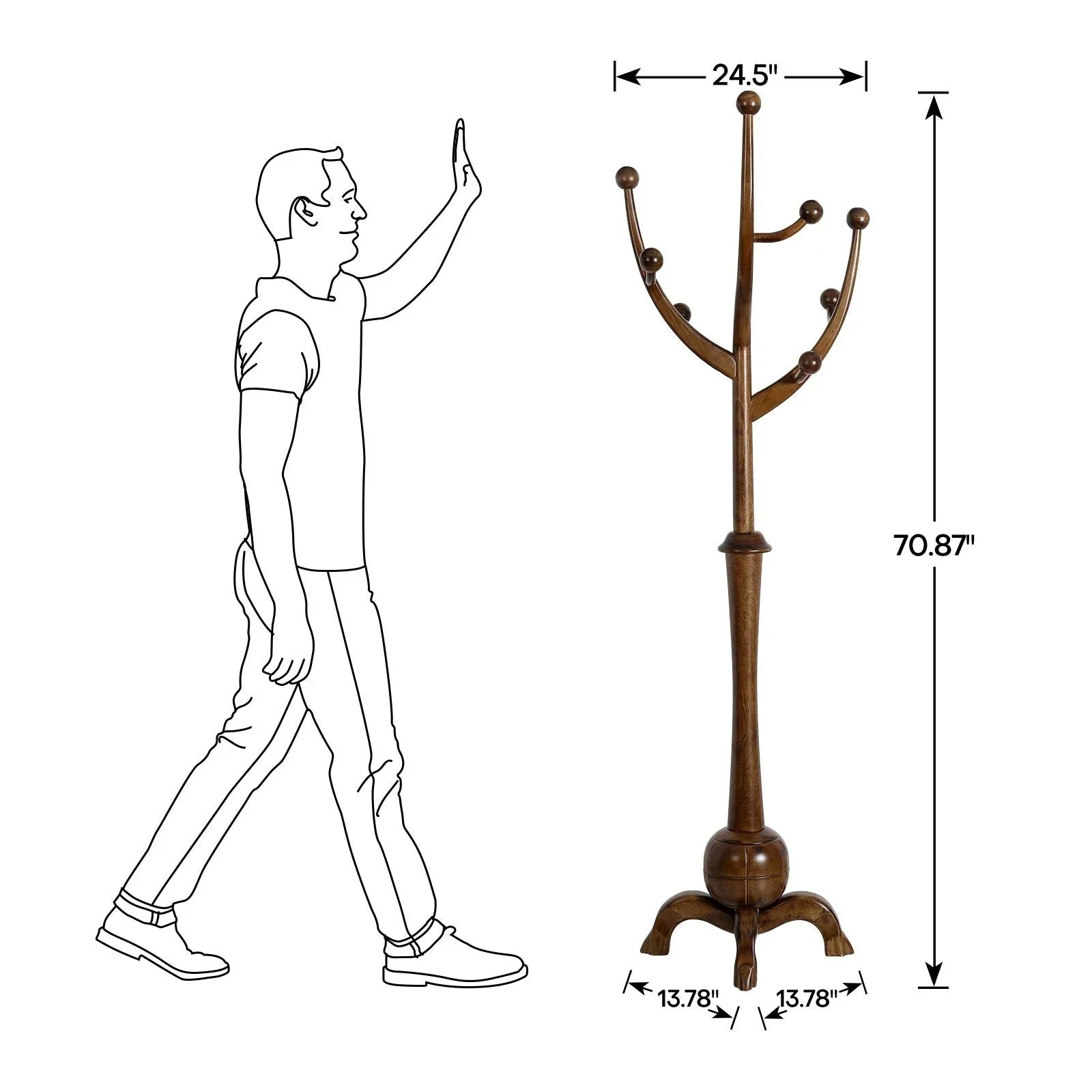 Appendiabiti da terra "ramo d'albero" in legno di gomma con 8 ganci - 24,5L x 70,87H