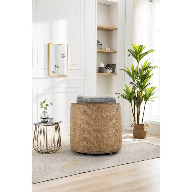 Poltrona a botte girevole, comoda poltrona rotonda d'accento, poltrona club a botte girevole a 360 gradi, poltrona relax con struttura in rattan intrecciato