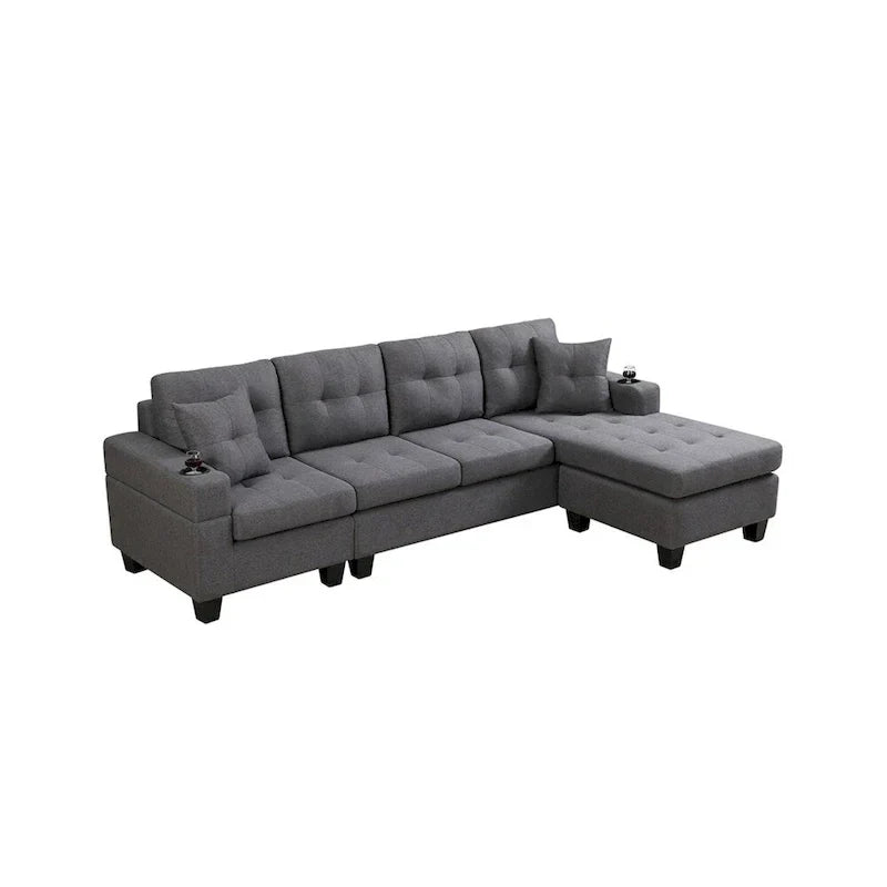 Divano componibile da soggiorno con chaise longue a L e portabicchieri