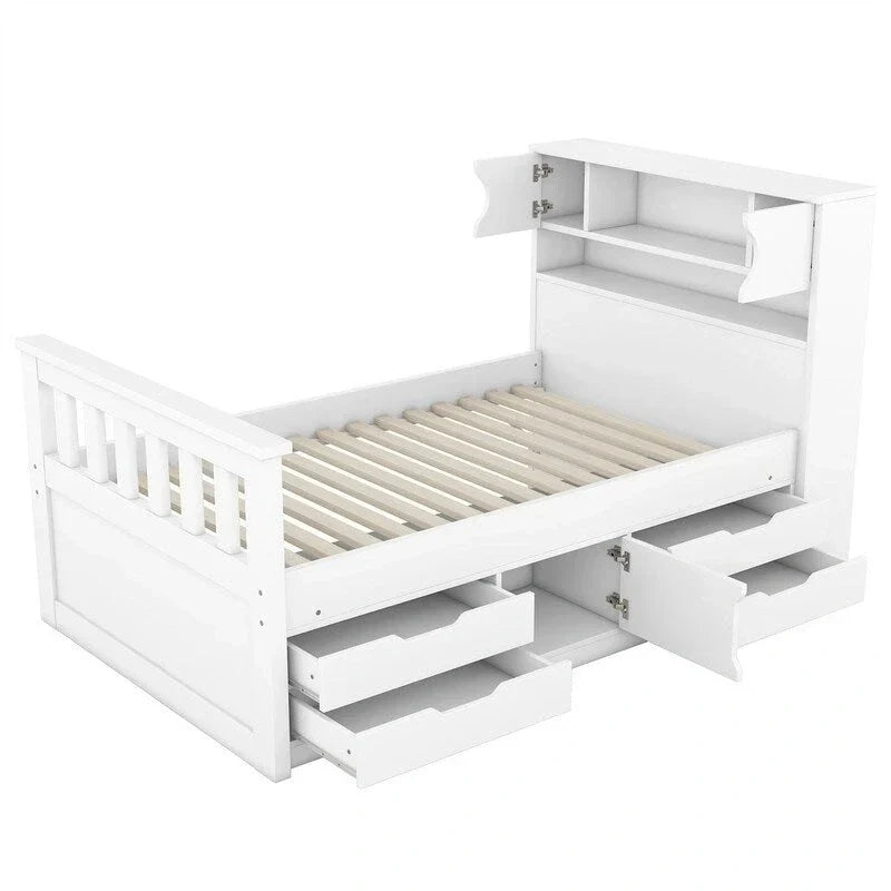 Letto a piattaforma Twin/Full Size Captain con 4 cassetti e mensole portaoggetti, struttura letto in legno massello con testiera libreria contenitore
