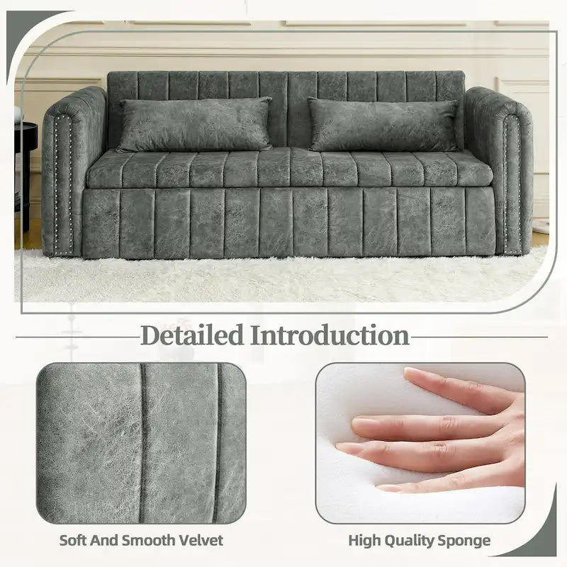 Divano letto moderno convertibile imbottito in velluto con braccioli arrotolati decorati con borchie in rame