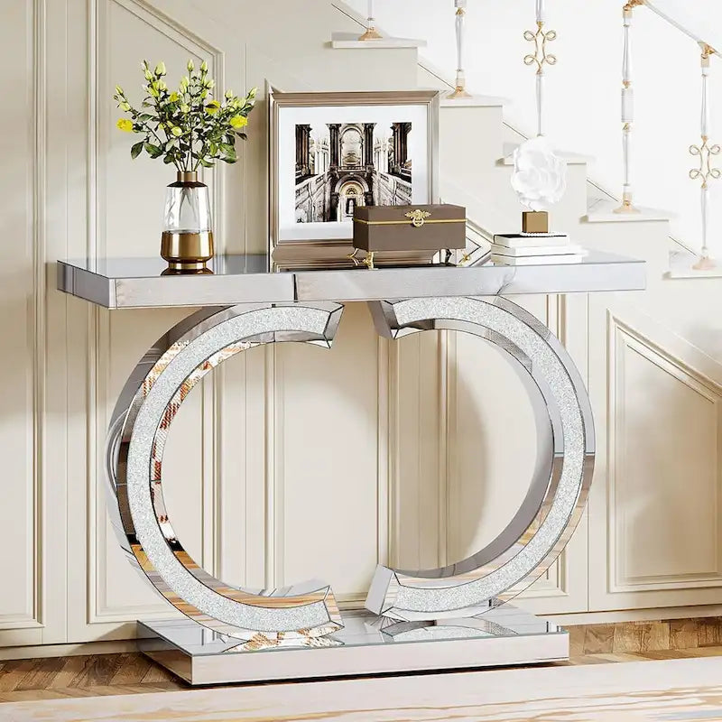 Console da Tavolo Argentata, Tavolino d'Ingresso con Specchio da 99 cm per Ingresso