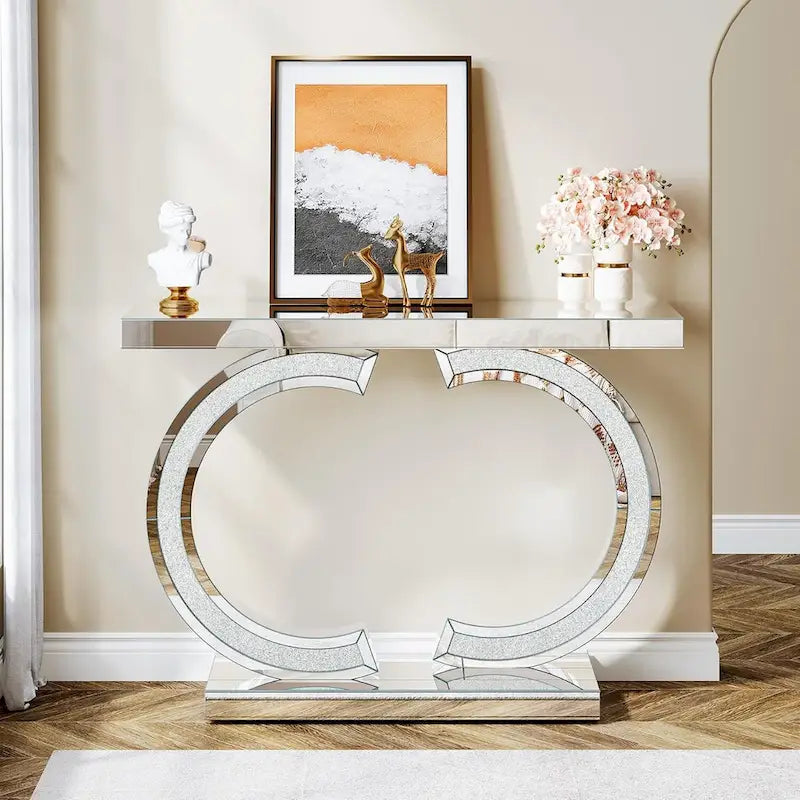 Console da Tavolo Argentata, Tavolino d'Ingresso con Specchio da 99 cm per Ingresso