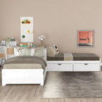 Letto a piattaforma a L moderno bianco per cameretta, dimensioni singole, con letto estraibile e cassetti
